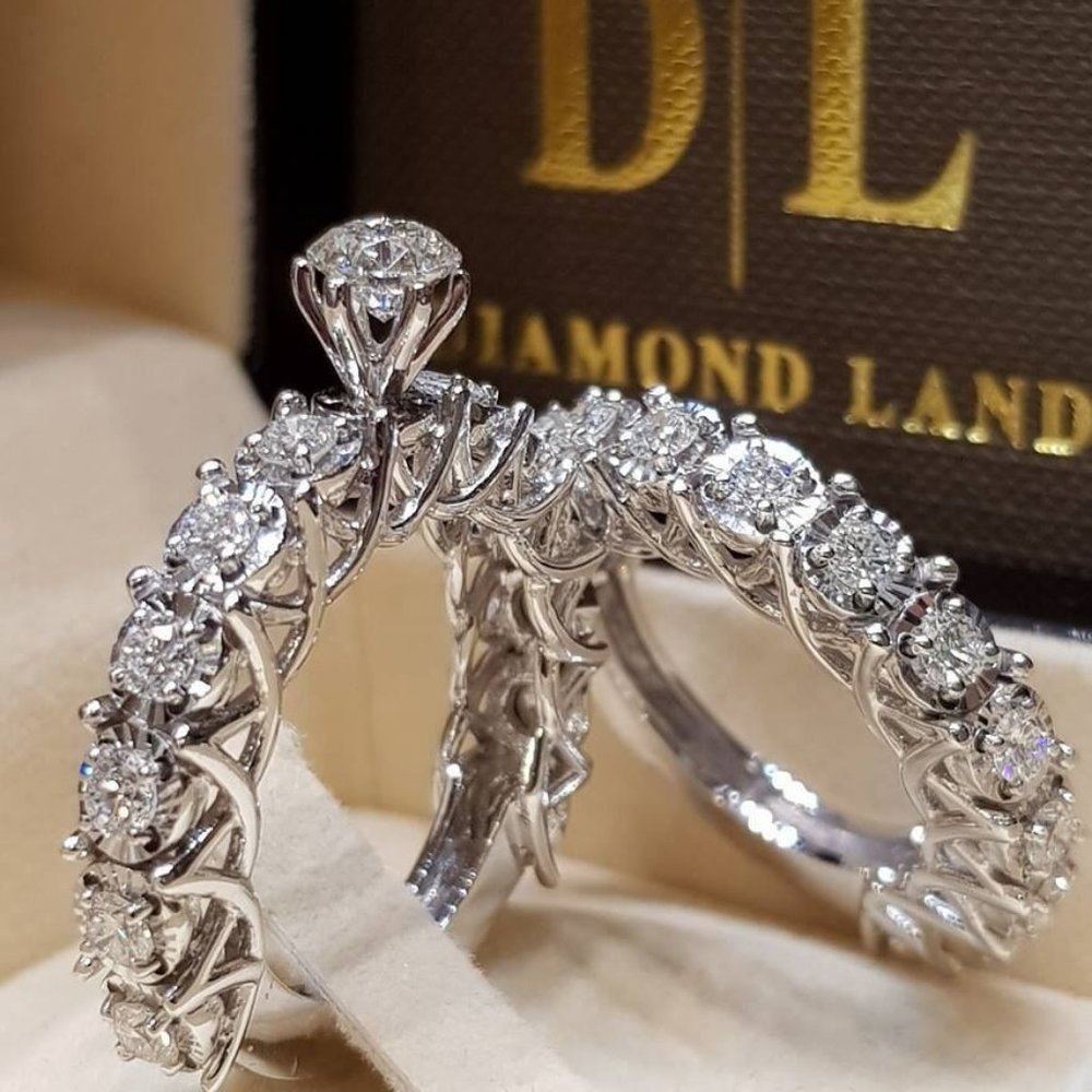 NEW 2PC/Set Silver Round Diamond Engagement Ring